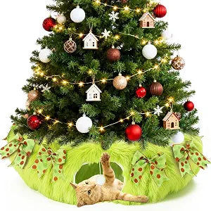 Soulchen Green Plush Christmas Tree Cat Tunnel Bed for Indoor Cats, Under Christmas Tree Soft Plush Cave Large Donut Tunnel with Soft Mat & Bow 3-in-1 for Indoor Cat Kitten Puppy Ferret