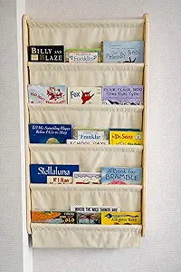 Montessori Wall Mounted Soft Canvas Fabric Bookshelf 5 Tier, Solid Pine Wood Kids Book Rack with Deep Pocket, Nursery & Playroom Space Saving Behind Door Shelf