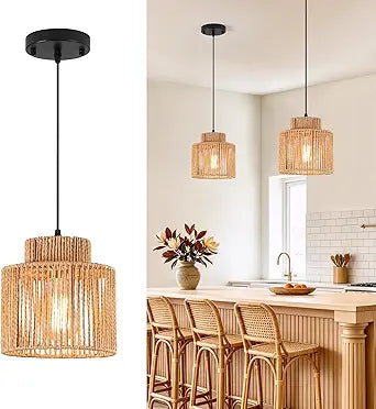 Boho Rattan Pendant Light, Hand Woven Hanging Lamp for Kitchen Island