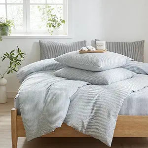 Striped Duvet Cover Set Queen Size 3 Pcs Breathable Durable 100% Washed Cotton Comforter Cover for All Seasons Chic Linen Like Textured Bedding Set (Light Blue White Pinstripes, Queen)