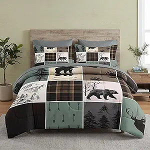 Pamnest 7 Pcs Comforter Set Queen Size, Wildlife Hunting Deer Bedding Set for Kids and Adults, Vintage Winter Animal Bear Plaid Bed Sheet Sets with Fitted Sheet 2 Pillowcases & 2 Shams