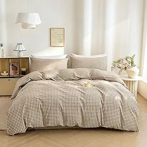 Mucalis Tan Gingham Duvet Cover King 100% Washed Cotton Beige Brown Plaid Checkered Duvet Cover Set Vintage 3 Piece Grid Bedding Set with Zipper Closure Corner Ties,Durable,Breathable,Easy Care