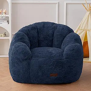 MAXYOYO Kids Bean Bag Chair, Floral Shaped Bean Bag Sofa, Plush Faux Fur Toddler Couch with Petal Backrest for Boys Girls, Stuffed Cozy Sofa for Nursery, Bedroom, Navy