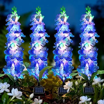 MRHEPHAESTUS Solar Garden Lights, Solar Blue Delphinium Flowers Lights 4 Pack 80 LEDs, Waterproof Outdoor Light Two Lighting Modes for Outside Wedding Party Garden Yard Patio Lawn Decor