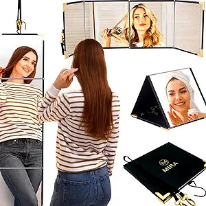 Folding Full Length Travel Makeup Mirror - Portable Mirror in 3 Way - Pyramid, Vanity, Full Length - Hanging Mirror for Outfit, Hair & Makeup - Dance Bag, Closet, Camping