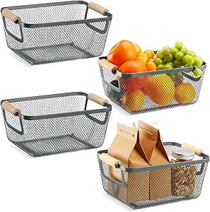 Ziliny 4 Pcs Metal Mesh Wire Baskets with Wooden Handles for Organizing, Pantry Organizers and Storage Steel Bin Kitchen Baskets for Fruit Potato Onion Snacks Bathroom Cabinet(Small,Dark Gray)