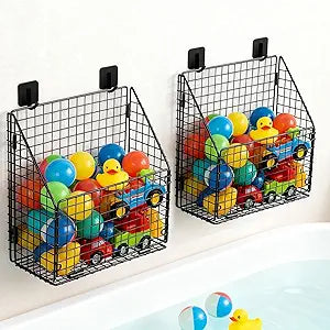 Greentainer 2-Pack Bath Toy Storage Organizer, Large Foldable Bathtub Toy Holder with Drainage, No Drill Adhesive Wall Mounted Rustproof Metal Wire Basket for Bathroom Tub & Shower Toys