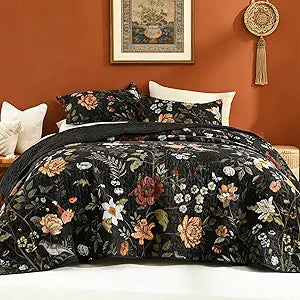 Litanika Floral Black Quilt King Size - 3 Pieces Botanical Birds Pattern Quilt Bedding, Lightweight Soft Coverlet for All Seasons (106"x96")