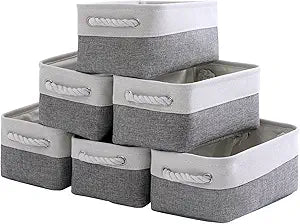 TheWarmHome Small Storage Baskets for Organizing,Storage Baskets for Shelves,Small Fabric Storage Bins W/Handles For Closet Nursery Toy Decorative Foldable (White&Grey, 11.8L*7.9W*5.2H-6 Pack)