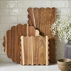 3 Pcs Acacia Wood Scalloped Cutting Boards Set, Decorative Cutting Boards Wooden Charcuterie Board for Grandmillenial Cottage Core Decor Kitchen Cheese Meat Fruit Bread Chopping Blocks