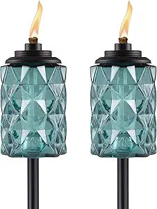 TIKI 2-Pack Topaz Blue Glass TIKI Torches  65" Outdoor Decorative Torches for Patio, Backyard & Garden  Easy Install, Weather-Resistant with Long-Lasting Wick & Snuffer