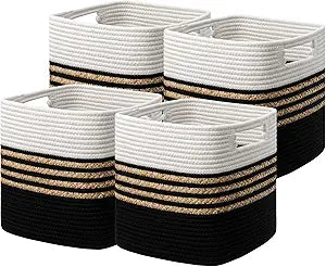 UBBCARE Set of 4 Storage Cubes 13 X 13 X 13 in, Water Hyacinth Storage Bins for Shelves, Toys, Book, Storage Baskets with Handles, Cotton Rope Woven Baskets for Organizing, Black