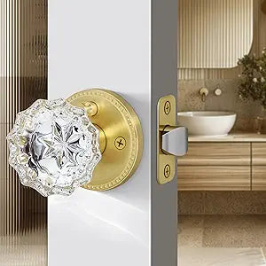 Brushed Gold Privacy Crystal Door Knob, Gold Vintage Crystal Door Knob with Privacy Lock, Glass Doorknob Interior for Bathroom, Bedroom, Satin Brass