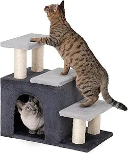Aechonow 3-in-1 Pet Stairs for Cats, Dog Steps for Small Doggie Rabbits, 6.29''Depth Cat Stairs, Indoor Cat Ladders for High Bed for Pet's Joints, 1 Cat Condo Cave, Sisal Scratcher, Grey, Medium