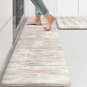 KIMODE Anti Fatigue Kitchen Mats for Floor 2 Piece, Cushioned Abstract Kitchen Rugs,Memory Foam Kitchen Floor Mats, Standing Desk Mats for Laundry, Office, Sink Light Brown Multi 17"x47"+17"x29"