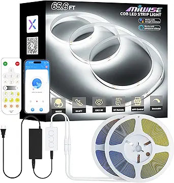 MIWISE COB LED Strip Lights 65.6ft/20m,UL-Listed CRI 90+ Dimmable 6000K Daylight White Super Bright,with APP Control/RF Remote,Work with Alexa/Google,for Cabinet/Bedroom/Kitchen DIY Lighting Projects