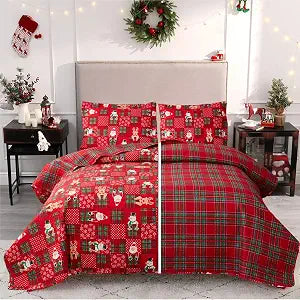 Belista Red Green Plaid Pattern Merry Christmas Quilt Set King Size Snowmen Santa Claus Reindeer Snowflake Reversible Xmas Bedding Sets New Year Holiday Coverlet Bed Set (Multi,King)