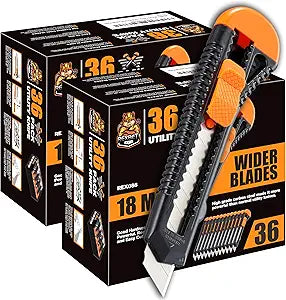 REXBETI Utility Knife, Retractable Box Cutter for Cartons, Cardboard and Boxes, 18mm Wider Razor Sharp Blade, Smooth Mechanism, Perfect for Office and Home use (72 Pack)