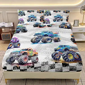 AILONEN 3-Piece Colorful Monster Truck Bedding Sets Full Size,Featuring Cartoon Trucks and Checkered Flag Pattern Fitted Sheet Set Perfect for Kids Rooms,1 Sheet Set + 2 Pillowcases,Soft Comfortable