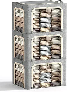 3 Opeings Large Clothes Storage Bins with Metal Frame, Foldable Storage Bin for Clothes, Clothing Storage Bins with Lid, Linen Storage Box With Clear Window Zippers Handles.(3 Pcs,Light Grey,66L)
