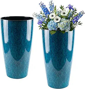 21 inch Tall Planter, Indoor Outdoor Planter Set of 2 Tall Outdoor Planters for Porch Large Planter Pot with Drainage Hole for Home Garden Front Door (Deep Blue)
