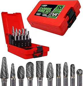 Carbide Burr Set 1/4" Shank  10 Pcs Double Cut Die Grinder Bits for Milling, Carving, Engraving, Deburring, Drilling, Hard Wood and Metals  Tungsten Carbide Drill Bit Set for Rotary Tools
