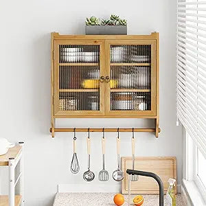 Retro Style Haze Double Glass Door Wood Wall Cabinet with Detachable Shelves for Office, Dining Room,Living Room, Kitchen and Bathroom Natural