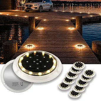 SHONELIGHTING Solar Dock Lights Outdoor Waterproof, Flat Low Profile Disc LED for Deck, Driveway, Ground & Pathway, Anti-Slip & Anti-Trip (Warm White, 12Pack)