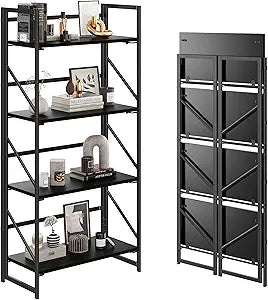 JSB No Assembly Folding Bookshelf, 4 Tier Industrial Metal Book Shelf for Storage, Vintage Wood Foldable Bookcase for Living Room, Bedroom, Office Organization Shelves