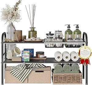 NETEL Under Sink Organizers and Storage, 2 Tier Expandable Under Cabinet Organizer Shelf with 2 Baskets and 6 Panels, Expandable Shelf for Cupboard, Kitchen, Bathroom, Shoe Storage Rack