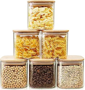HomArtist Square Glass Jars with Bamboo Lids 27 FL OZ [Set of 6], Glass Canisters with Airtight Lids, Glass Food Storage Containers for Coffee, Sugar, Tea, Candies, Cookies,Best for Kitchen & Pantry