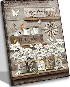 Farmhouse Bathroom Canvas Wall Art,Rustic Bathroom Poster Prints.Vintage Country Daisy Butterfly Painting,Retro Inspirational Quotes Picture Home Wall Decor 16x24in Framed