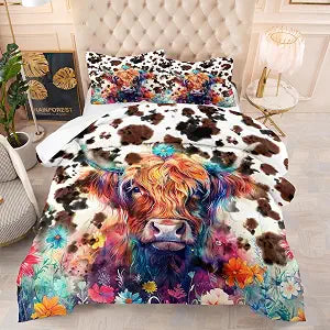 Highland Cow Comforter Set,Full Size Bedding Sets for Teen,Western Highland Cow Printed Bedding Set with Quilt and Pillowcase(Western-A Queen)