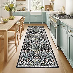 Runner Rug for Entryway: 2.6x8 Kitchen Rugs Non Slip Washable Ultra-Thin Soft Floral Carpet Indoor Stain Resistant Carpets for Hallway Bedroom Kitchen Laundry Bathroom Dorm Dark Black