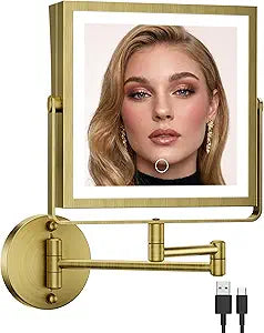 Rechargeable Wall Mounted Makeup Mirror with Lights, 4000mAh Double Sided 1X/10X Magnifying Vanity Mirror with 3 Color Lights, Touch Dimmable, 360 Extension Foldable Arm (Antique Brass)