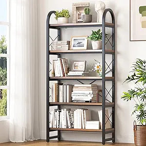 5-Tier Arched Industrial Bookcase and Book Shelves, Rustic Solid Wood Bookshelf with Metal Frame, Display Book Case 5 Shelf, Vintage Storage Rack with Open Shelves for Bedroom Living Room (31.5")