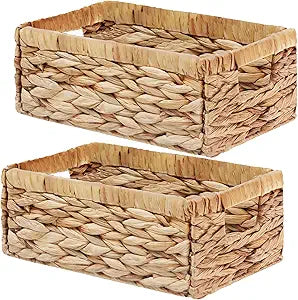 Vagusicc Hand-Woven Small Storage Baskets with Handles, Water Hyacinth Wicker Baskets for Organizing, Decorative Storage Bins for Countertop Toilet Paper Basket for Toilet Tank Top (2 Pack)