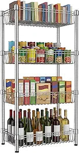 4 Tier Basket Shelf Wire Shelving Unit Adjustable Metal Storage Rack Storage Shelving Standing Shelf Units Heavy Duty Organizer for Pantry Kitchen Bathroom Closet Laundry Utility Room 14"Dx24"Wx47"H