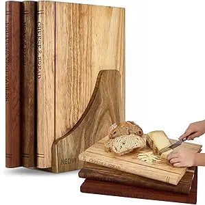 NEDVI Book Cutting Board Set with Wooden Stand-Wooden Kitchen Cutting Boards That Look Like Books for Cheese Meat Vegetables, Chopping Board Gift Set for Home Cooks & Kitchen Decor