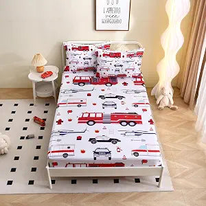 Yasida Queen Size Sheets Fire Truck Bedding for Kids, Police Car Firemen Car Vehicle Helicopter Fitted Sheets for Boys and Girls 3 Pack Bed Fitted Sheet and 2Pillowcases Set