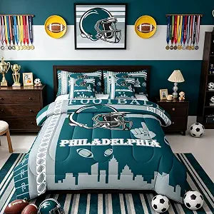 Feelyou Football 7 Pieces Comforter Sets Rugby Sports Philadelphia Bedding Set for Boys Kids Teen Twin Size Sports Theme Bed in a Bag with Comforter, Sheets, Pillowcases & Cushion Cover