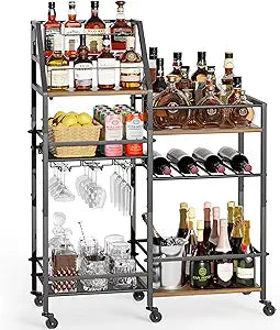 VINAEMO Rolling Bar Cart with Wine Glass Holder, Bar Carts for The Home, Bar Stand for Home, Small Mini Bar for Whiskey Wine, Liquor Cart for Home Bar, Alcohol Cabinet for Bar, Kitchen, Dining Room