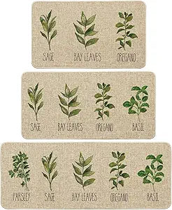 Artoid Mode Parsley Sage Oregano Basil Bay Leaves Kitchen Mats Set of 3, Seasonal Holiday Party Low-Profile Floor Mat for Home Kitchen - 17"x29"+17"x36"+17"x47"