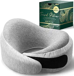 Proglobe Luxe Memory Foam Travel Neck Pillow for Airplanes, Ergonomic 360 Neck and Chin Support, Organic Cotton Cover, Compact Compression Bag, Light Gray