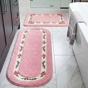 Drydiet 2 Pcs Rose Flowers Bathroom Rugs Set Coquette Room Decor Floral Rugs for Bathroom Bedroom Living Room,Non Skid Absorbent Romantic Rose Flower Area Rugs 2 Shapes(Pink,Small)