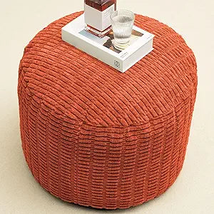 Round Stuffed Pouf Ottoman for Foot Rest, Storage Ottoman Pouf Foot Stool Cushion, Faux Fur Poufs with Foam Chunk Filling, 26 X 18 Inch Floor Chair for Living Room Bedroom Home Decor, Coral Orange