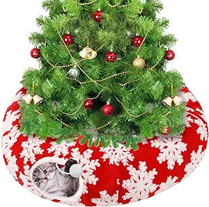 Cat Tunnel Christmas Tree Skirt for 5-7.5ft Trees - Prevent Christmas Tree Falling, Snowflake Patterns Warm Soft Cat Tube Bed with Anti-Slip Mat