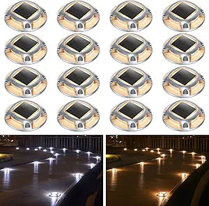 AGPTEK Solar Driveway Lights Outdoor 16 Pack, 2 Color Modes LED Deck Dock Marine Waterproof Driveway Marker Lights for Step Sidewalk Stair Garden Pathway Walkway Yard (Warm White/Cool White)