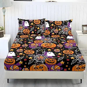 Halloween Twin XL Sheet Set Pumpkin Ghost Bed Sheets Set Includes 1 Fitted Sheet and 2 Pillowcases Comfy Breathable & Cooling for Bedroom Decor