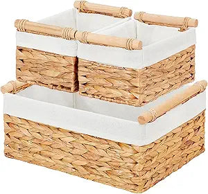 Vagusicc Wicker Storage Basket, 3-Packs Water Hyacinth Storage Baskets for Organizing, Large Cube Storage Organizer Baskets Bins with Handles for Shelves Decor, Small Toilet Paper Storage Basket